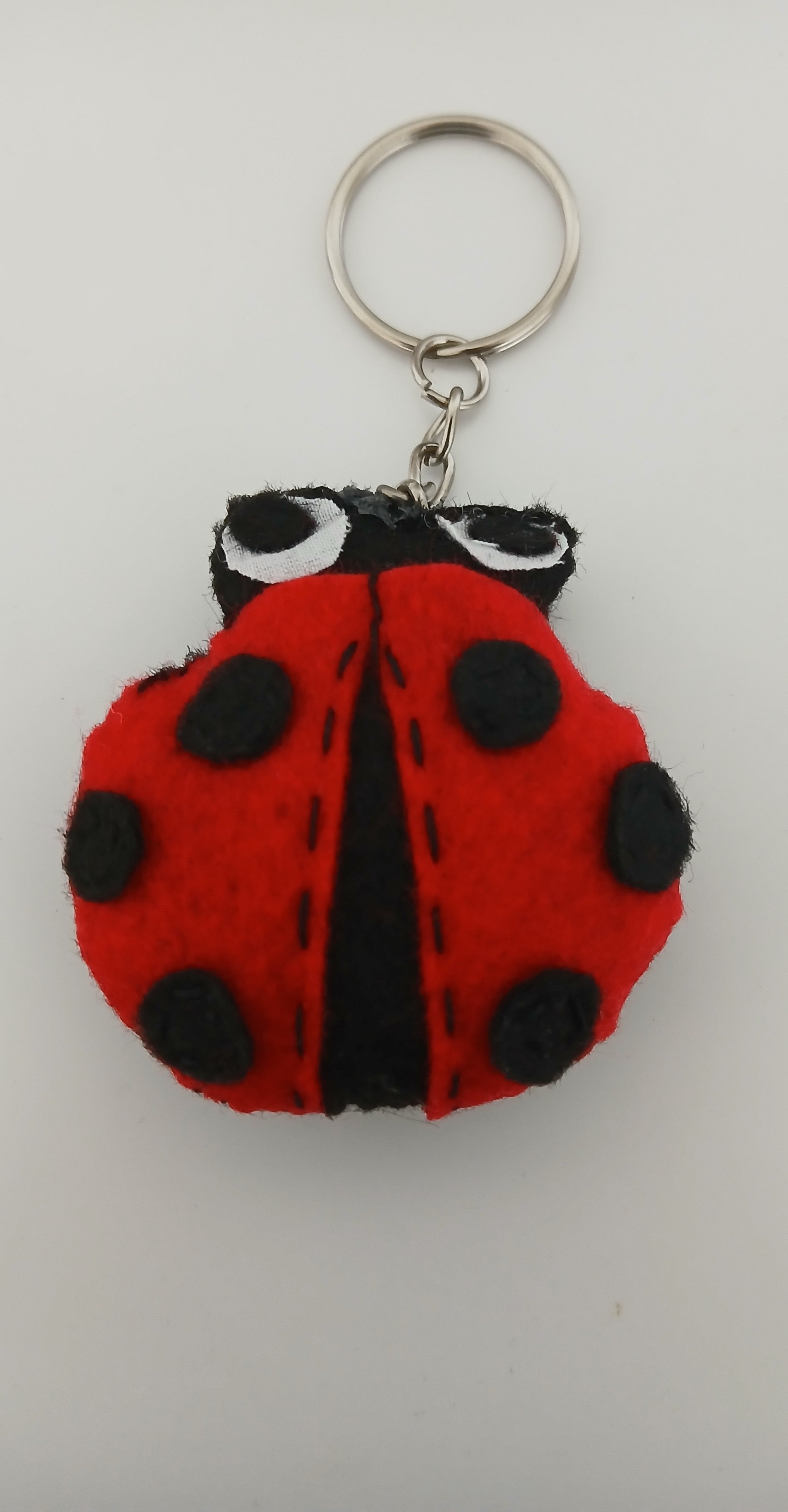 Red and black ladybug keychain on a white background