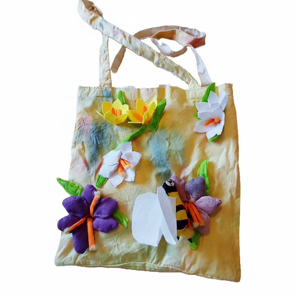 Handmade canvas tote bag with bee on flowers design